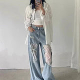 High Waist Lace Spliced Jeans