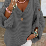 Wide V-Neck Buttoned Chunky Knit Sweater