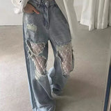 High Waist Lace Spliced Jeans