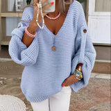 Wide V-Neck Buttoned Chunky Knit Sweater
