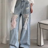 High Waist Lace Spliced Jeans