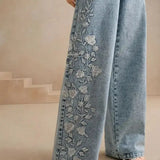 Embroidered Wide Leg Stretch Jeans