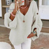 Wide V-Neck Buttoned Chunky Knit Sweater
