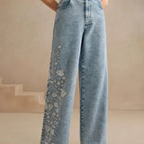 Embroidered Wide Leg Stretch Jeans