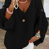 Wide V-Neck Buttoned Chunky Knit Sweater