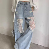 High Waist Lace Spliced Jeans