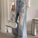 High Waist Lace Spliced Jeans