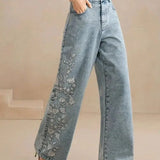 Embroidered Wide Leg Stretch Jeans