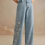 Embroidered Wide Leg Stretch Jeans