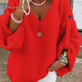 Wide V-Neck Buttoned Chunky Knit Sweater