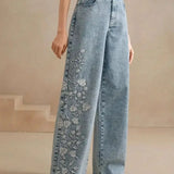 Embroidered Wide Leg Stretch Jeans