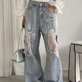 High Waist Lace Spliced Jeans