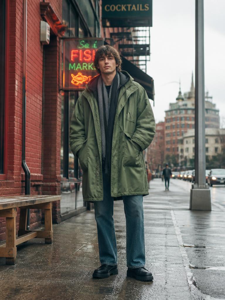 Man in an oversized olive utility parka layered over a hoodie on a rainy city street