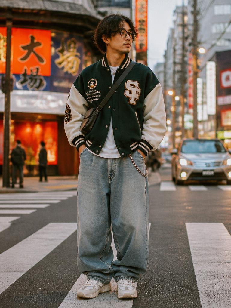 Man in a varsity bomber, baggy washed denim and chunky sneakers on a neon lit crosswalk