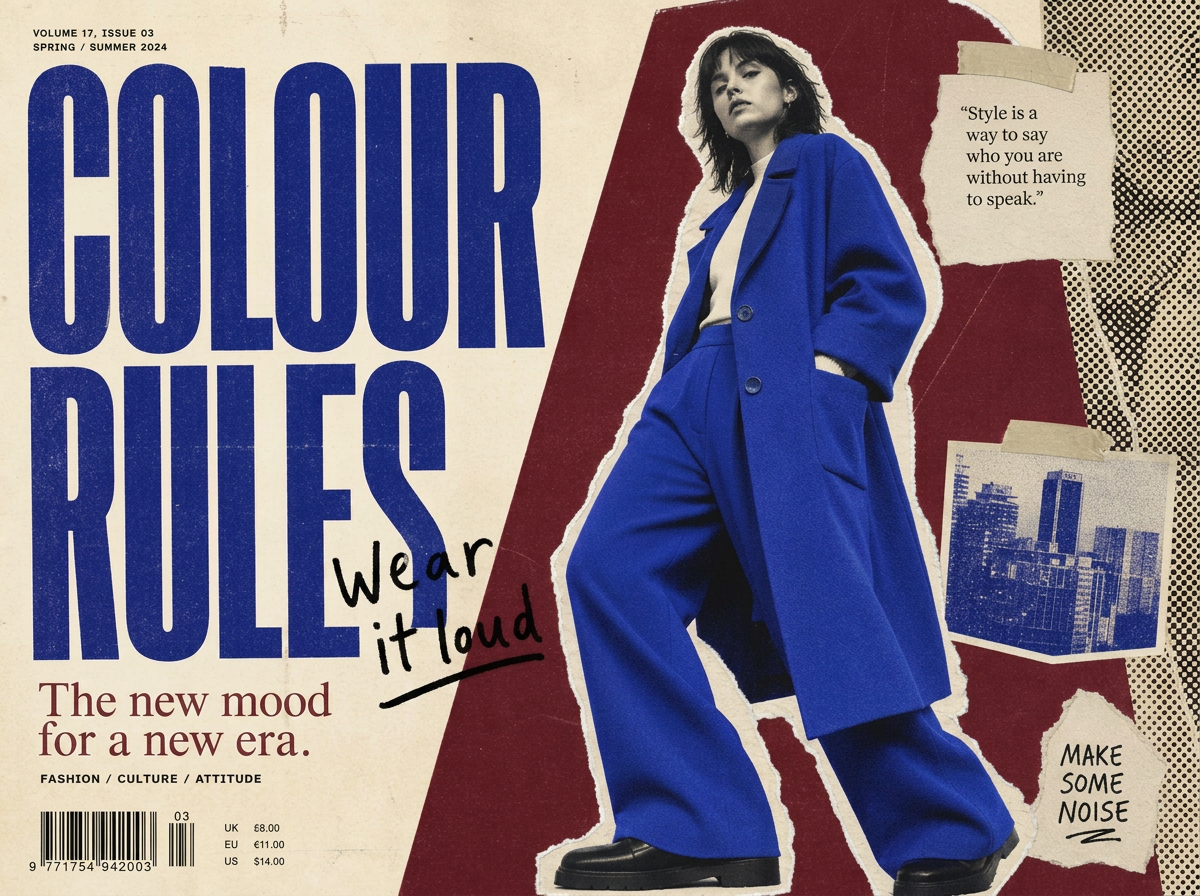 DonaGracci magazine cover collage, cobalt blue suit cutout on burgundy and cream torn paper with COLOUR RULES headline