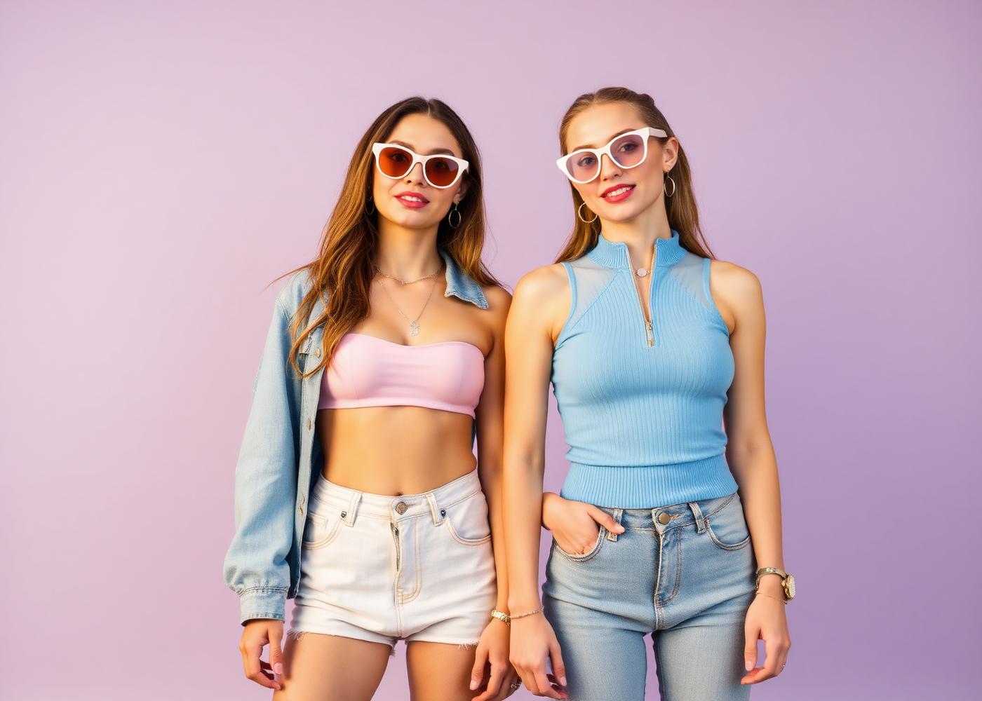 Two people in retro-inspired denim and pastel knit outfits on a lavender backdrop