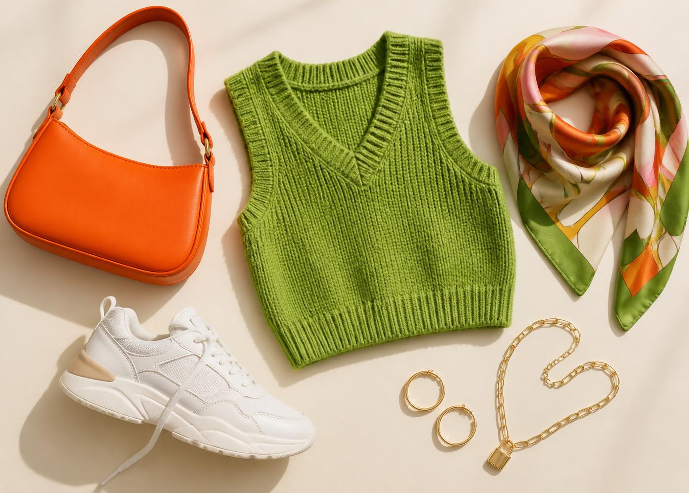 Flat lay of an orange bag, green knit vest, printed scarf, white sneaker and gold jewellery