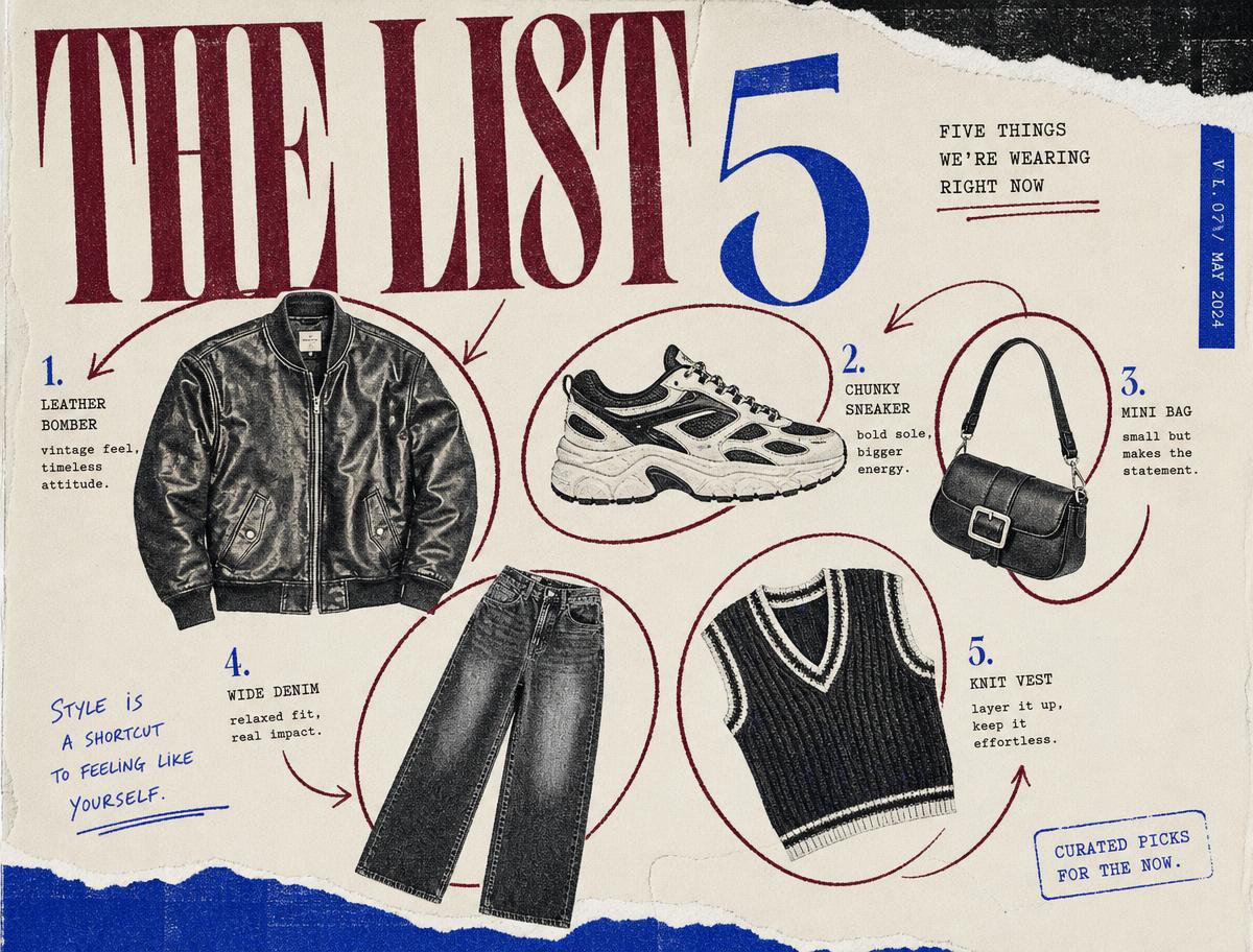 Editorial collage list of five garments with hand drawn burgundy arrows and a cobalt numeral five on cream paper