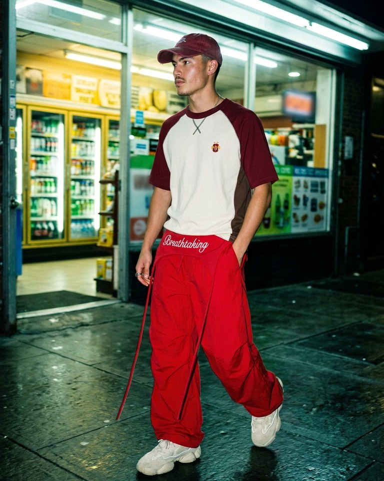 Model in red DonaGracci layered parachute wide-leg pants and a retro varsity raglan tee outside a convenience store at night