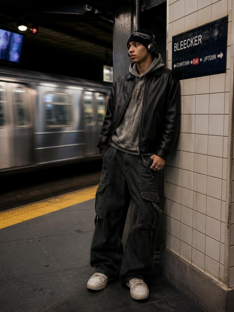 Man in a layered hoodie, leather bomber and wide cargo trousers on a subway platform at night