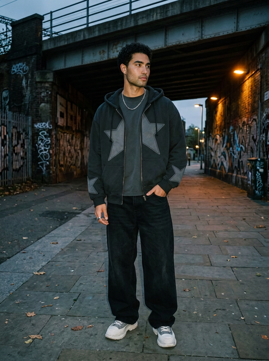 Model in the DonaGracci oversized star zip-up hoodie and black baggy jeans under a graffiti-covered railway bridge