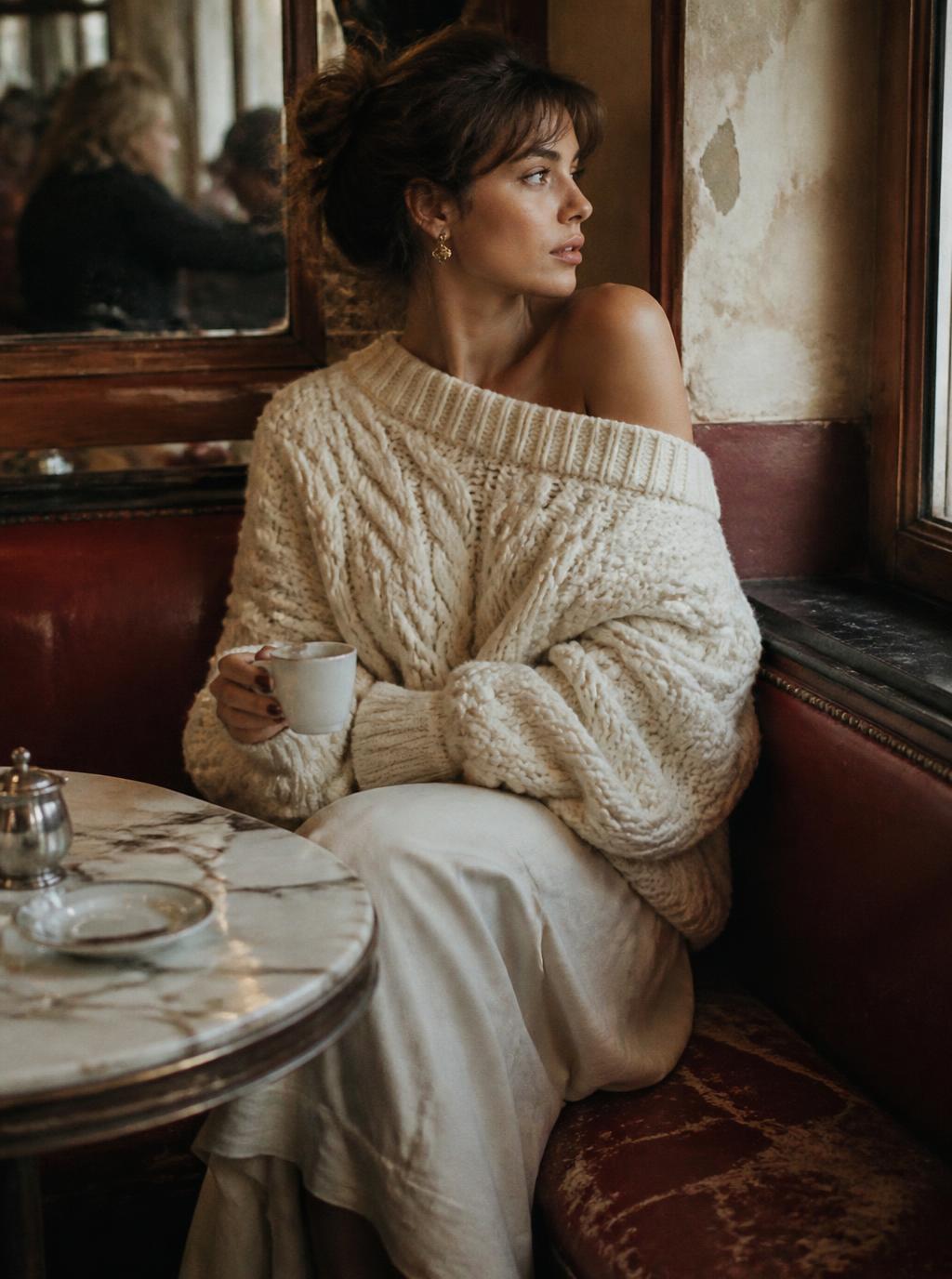 Model in an oversized cream cable knit sweater seated in a worn vintage cafe booth