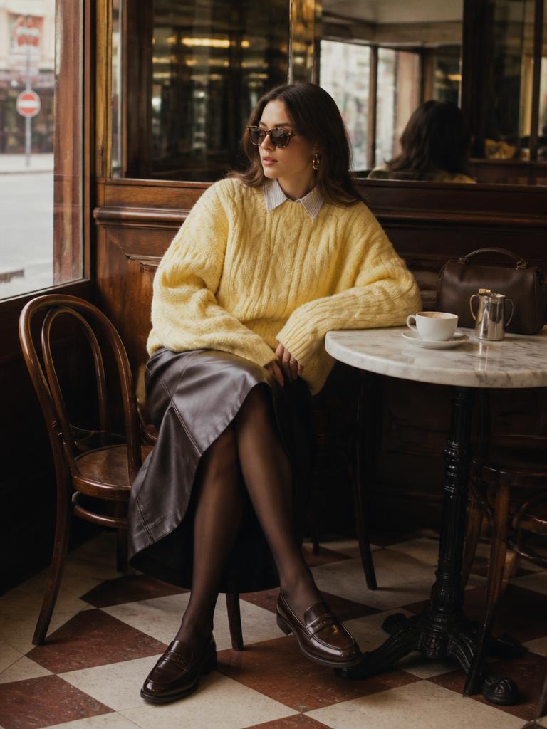 Woman in a butter yellow cable knit sweater, leather skirt and loafers in a vintage cafe