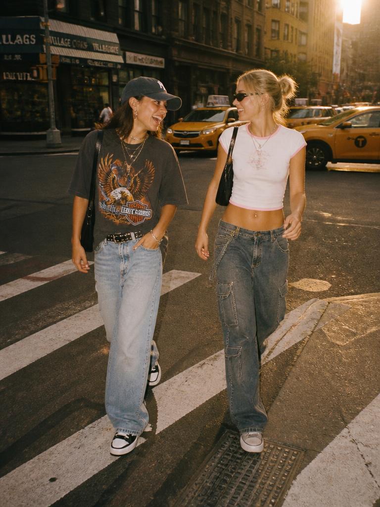 Two friends crossing a sunlit city street in a vintage graphic tee and a pink trim baby tee with baggy denim