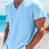 Spring/Summer Outdoor Casual Linen Fabric, Solid Color V-Neck with Raw Hem Design, Men's Henley Shirt