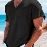 Spring/Summer Outdoor Casual Linen Fabric, Solid Color V-Neck with Raw Hem Design, Men's Henley Shirt