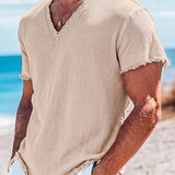 Spring/Summer Outdoor Casual Linen Fabric, Solid Color V-Neck with Raw Hem Design, Men's Henley Shirt