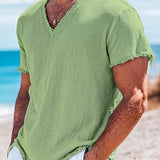 Spring/Summer Outdoor Casual Linen Fabric, Solid Color V-Neck with Raw Hem Design, Men's Henley Shirt