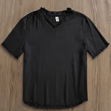 Spring/Summer Outdoor Casual Linen Fabric, Solid Color V-Neck with Raw Hem Design, Men's Henley Shirt