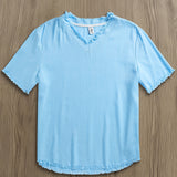 Spring/Summer Outdoor Casual Linen Fabric, Solid Color V-Neck with Raw Hem Design, Men's Henley Shirt