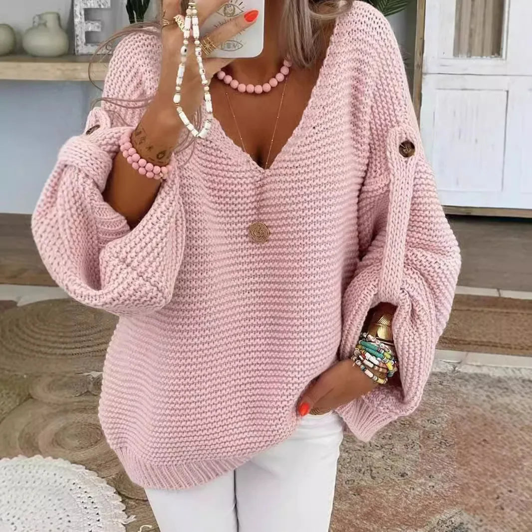 Wide V-Neck Buttoned Chunky Knit Sweater