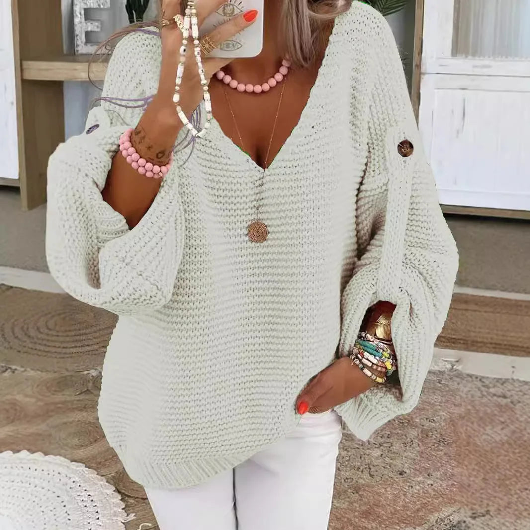 Wide V-Neck Buttoned Chunky Knit Sweater