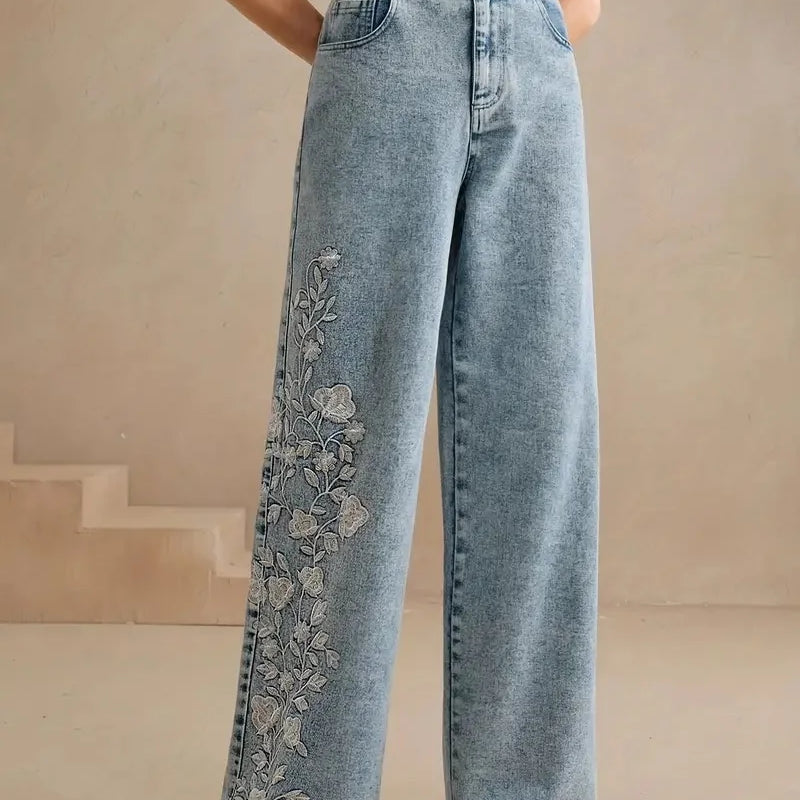 Embroidered Wide Leg Stretch Jeans